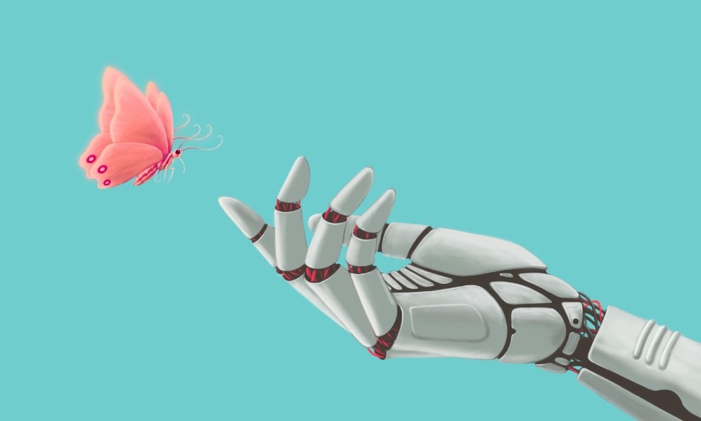 robot hand butterfly landing