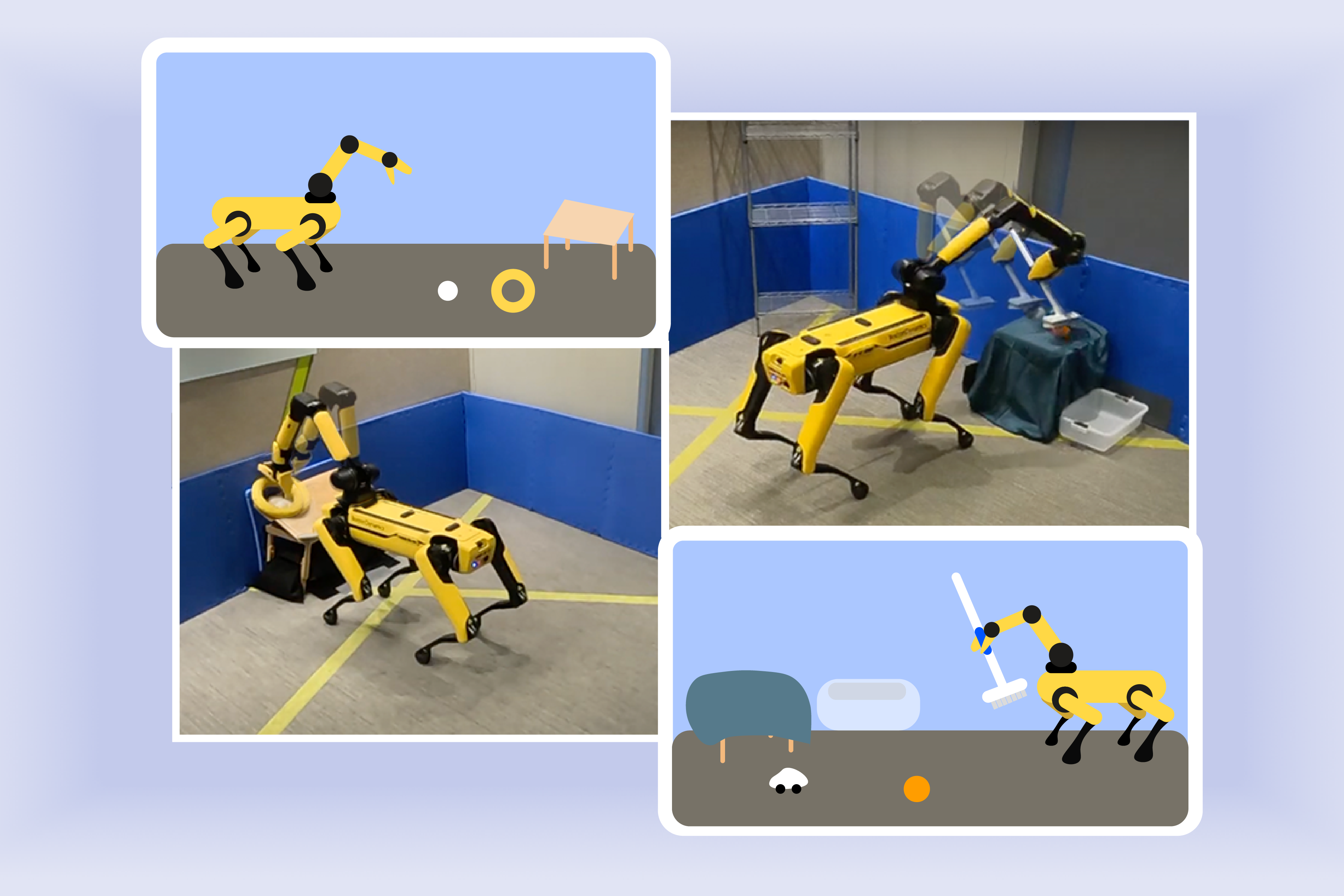 alt="A new algorithm developed by researchers at MIT CSAIL helps robots practice skills on their own. In experiments, it guided a quadruped with sweeping and placing various items (Credits: Alex Shipps/MIT CSAIL)."